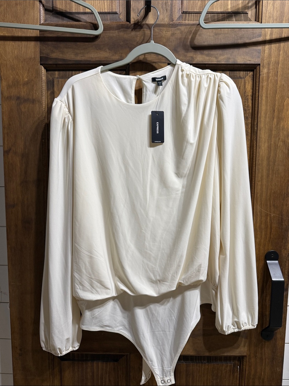 Express Cream Long-Sleeve Draped Bodysuit with Gathered Shoulder
